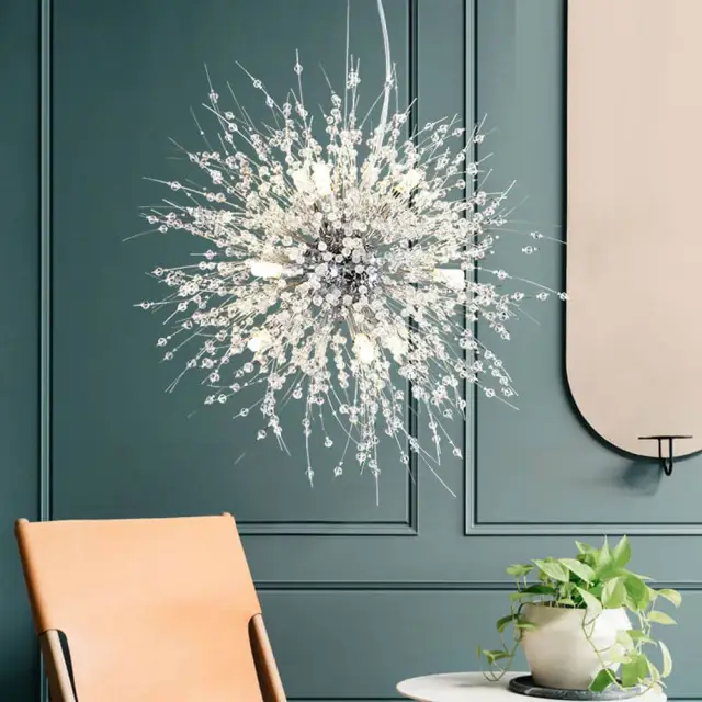 OOVOV Crystal Ice Flower Restaurant Chandelier Iron 9 Lights Dining Room Bar Cafe Clothing Store Stairs Dandelion Pendant Lamp