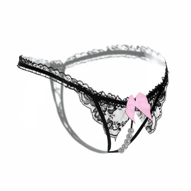 OOVOV Open Crotch Pearl Massage Panties G-String Women Sexy Lace hot transparent Lingerie with bow-tie Female Underwear Thong Briefs Sex Love