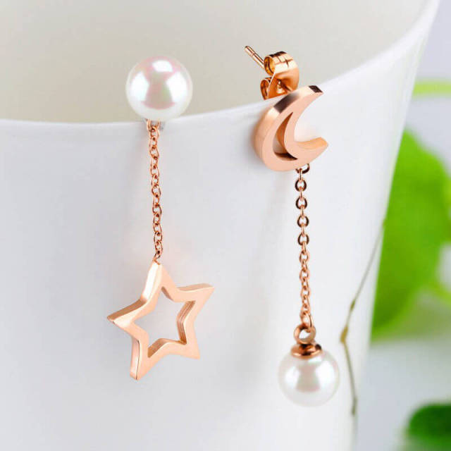 OOVOV Long Tassel Earrings Titanium Stainless Steel Inlaid Pearl Rose Gold Fashion Trendy Women Jewelry Gifts