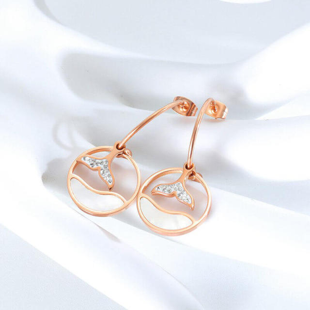 OOVOV Women Stainless Steel Zircon Shell C-shaped Earrings Titanium Steel Rose Gold Lady Stud Earrings