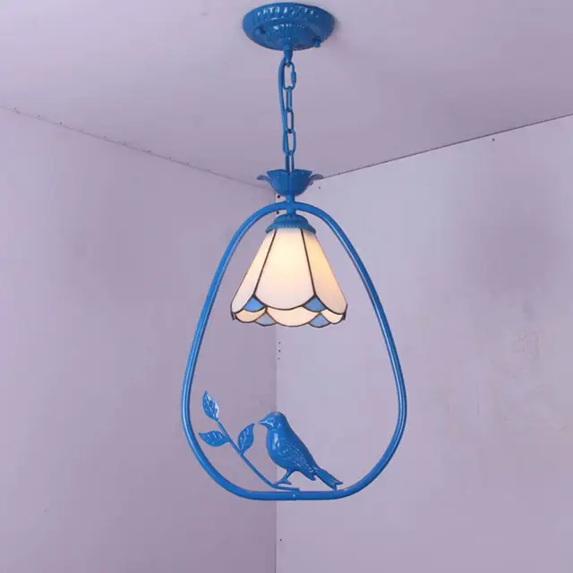 OOVOV Tiffany Hallway Pendant Light Blue Black Iron Birds Balcony Corridor Dining Room Pendent Lamp