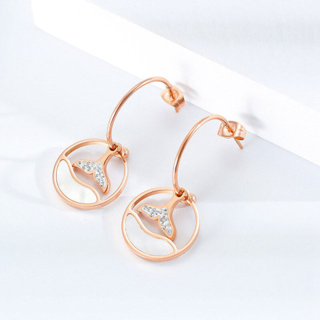 OOVOV Women Stainless Steel Zircon Shell C-shaped Earrings Titanium Steel Rose Gold Lady Stud Earrings