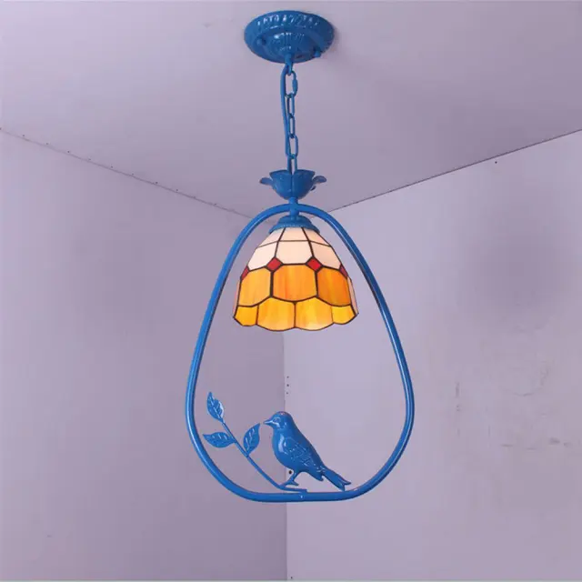 OOVOV Tiffany Hallway Pendant Light Blue Black Iron Birds Balcony Corridor Dining Room Pendent Lamp