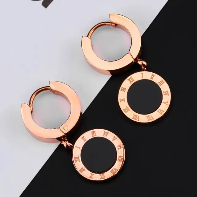 OOVOV Women Girl Stud Earrings Rose Gold Titanium Steel Earrings Roman Numeral Sasanqua Star Short Ear Buckle Jewelry