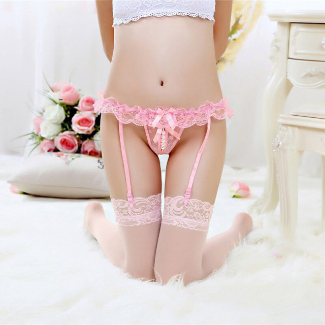 OOVOV Sexy Lace Ultra-thin Perspective Garter Stockings Sexy Open Crotch Panties Pearl Massage Garter Stockings Sets