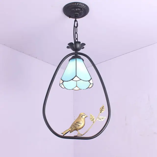 OOVOV Tiffany Hallway Pendant Light Blue Black Iron Birds Balcony Corridor Dining Room Pendent Lamp