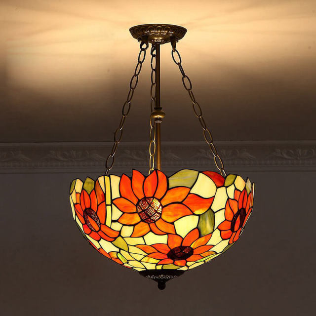 OOVOV Retro Tiffany Flower Anti-Chandelier 16&quot; Retro Glass Bedroom Study Room Restaurant Pendant Light Lamp Fixtures