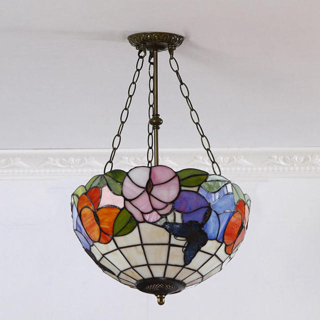 OOVOV Retro Tiffany Flower Anti-Chandelier 16&quot; Retro Glass Bedroom Study Room Restaurant Pendant Light Lamp Fixtures