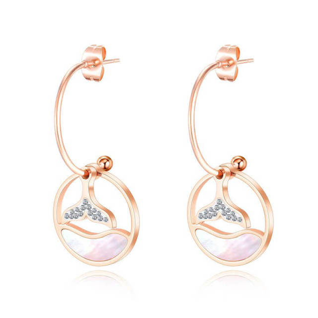 OOVOV Women Stainless Steel Zircon Shell C-shaped Earrings Titanium Steel Rose Gold Lady Stud Earrings