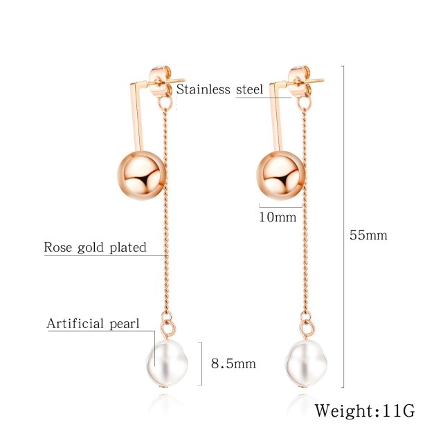 OOVOV Long Tassel Earrings Titanium Stainless Steel Inlaid Pearl Rose Gold Fashion Trendy Women Jewelry Gifts