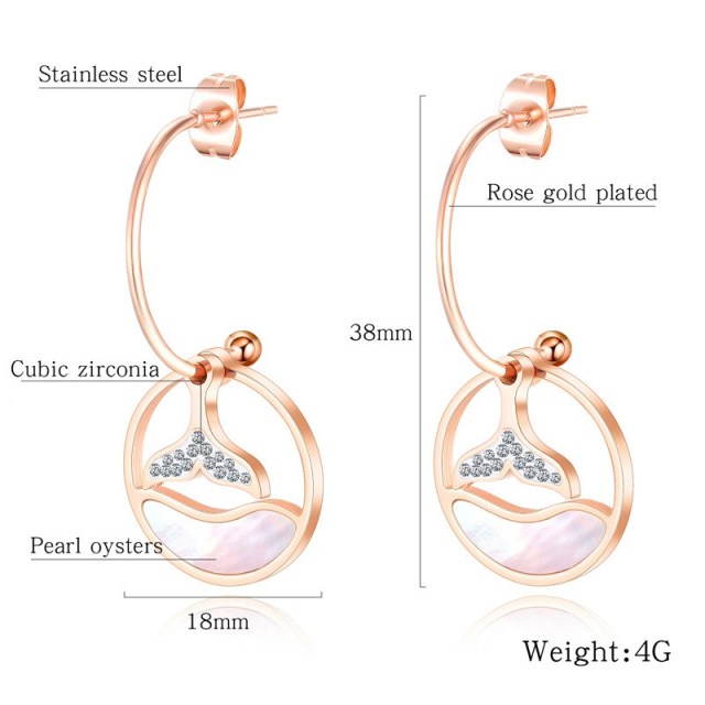 OOVOV Women Stainless Steel Zircon Shell C-shaped Earrings Titanium Steel Rose Gold Lady Stud Earrings