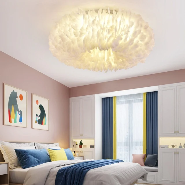 OOVOV White Feather Ceiling Lights LED Indoor Home Ceiling Light Fixture for Bedroom Dining Room Princess Room 50cm