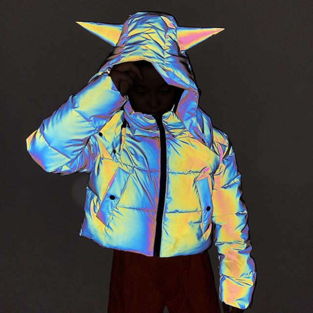 OOVOV Women's Cute Pointed Hooded Rainbow Colorful Reflective Cotton Jacket Parka Winter Warm Thick Hip-hop Luminous Cotton Jacket