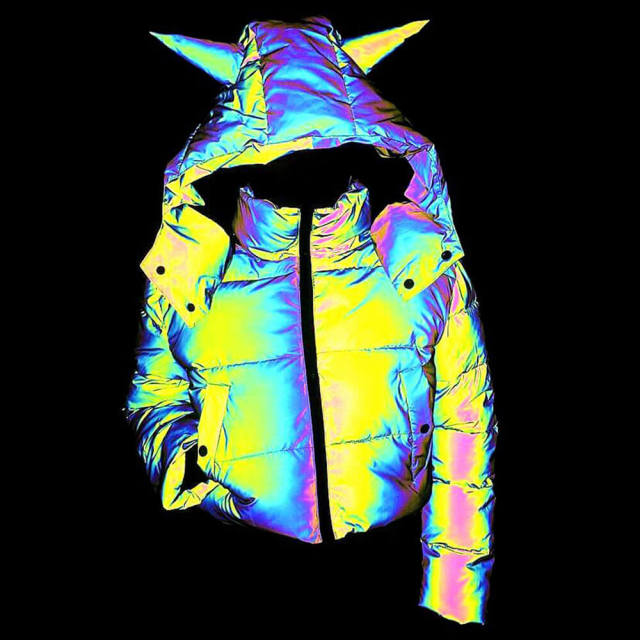 OOVOV Women's Cute Pointed Hooded Rainbow Colorful Reflective Cotton Jacket Parka Winter Warm Thick Hip-hop Luminous Cotton Jacket