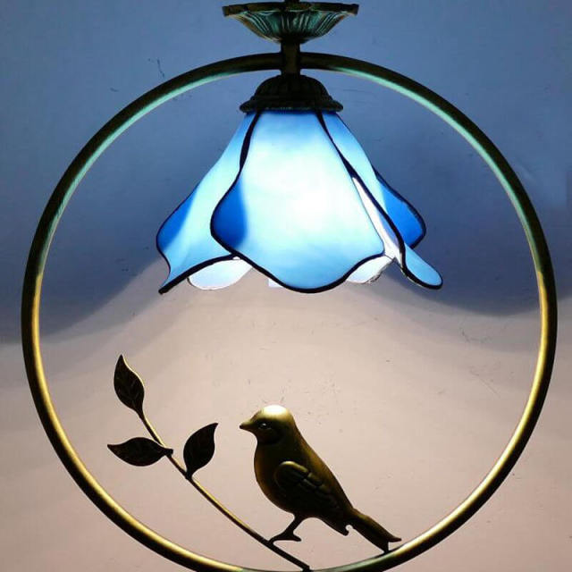 Tiffany Bird Circle Corridor Pendant Lamp Bar Counter Balcony Getal Glass Shade Hanging Light Hallway Mediterranean Dining Room Drop Lights