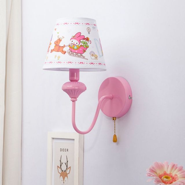 Pink Wall Light Cartoon Wall Sconces with Fabric Lampshade and Rope Switch