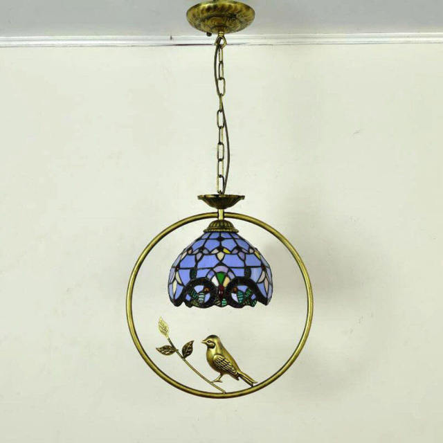 Tiffany Bird Circle Corridor Pendant Lamp Bar Counter Balcony Rockke Glass Shade Hanging Light Hallway Mediterranean Dining Room Drop Lights