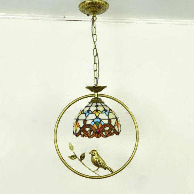 Tiffany Bird Circle Corridor Pendant Lamp Bar Counter Balcony Rockke Glass Shade Hanging Light Hallway Mediterranean Dining Room Drop Lights