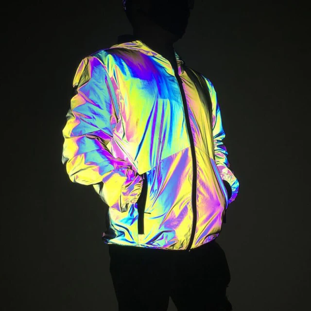 OOVOV Rainbow Color Men Reflective Light Jackets Autumn Colourful Hooded Coat Windbreaker Pockets Zip Hip Hop Rock Outwear