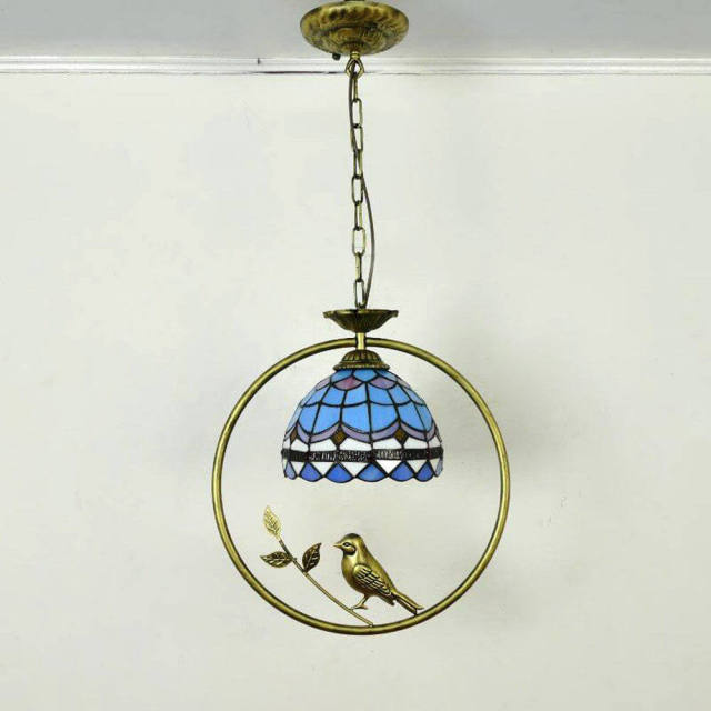 Tiffany Bird Circle Corridor Pendant Lamp Bar Counter Balcony flower Glass Hanging Light Hallway Mediterranean Dining Room Drop Lights