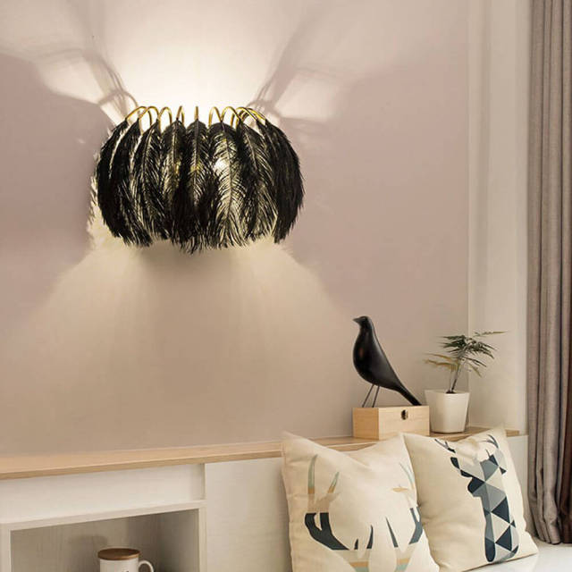OOVOV Creative Feather Bedsides Wall Lights Princess Room Living Room Balcony Corridor Stairs Wall Lamp White Black