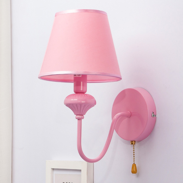 Pink Wall Light Cartoon Wall Sconces with Fabric Lampshade and Rope Switch