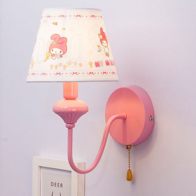 Pink Wall Light Cartoon Wall Sconces with Fabric Lampshade and Rope Switch