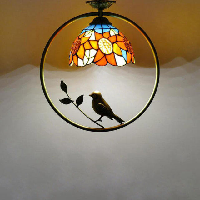 Tiffany Bird Circle Corridor Pendant Lamp Bar Counter Balcony flower Glass Hanging Light Hallway Mediterranean Dining Room Drop Lights