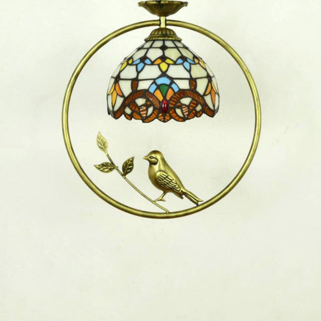 Tiffany Bird Circle Corridor Pendant Lamp Bar Counter Balcony Rockke Glass Shade Hanging Light Hallway Mediterranean Dining Room Drop Lights