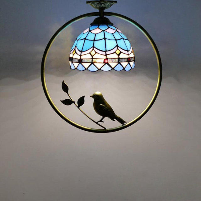 Tiffany Bird Circle Corridor Pendant Lamp Bar Counter Balcony flower Glass Hanging Light Hallway Mediterranean Dining Room Drop Lights