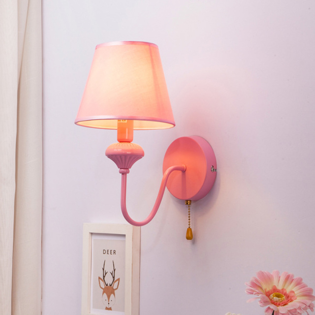 Pink Wall Light Cartoon Wall Sconces with Fabric Lampshade and Rope Switch