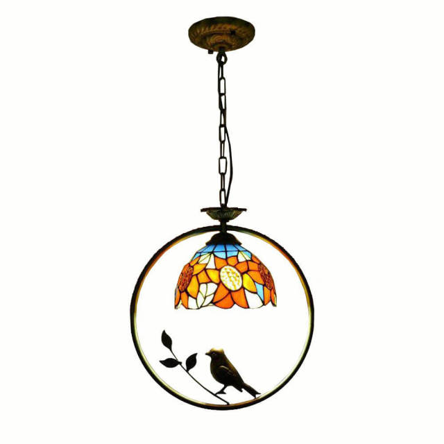 Tiffany Bird Circle Corridor Pendant Lamp Bar Counter Balcony flower Glass Hanging Light Hallway Mediterranean Dining Room Drop Lights