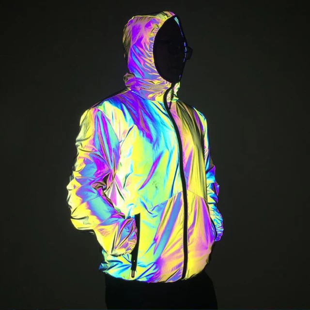 OOVOV Rainbow Color Men Reflective Light Jackets Autumn Colourful Hooded Coat Windbreaker Pockets Zip Hip Hop Rock Outwear