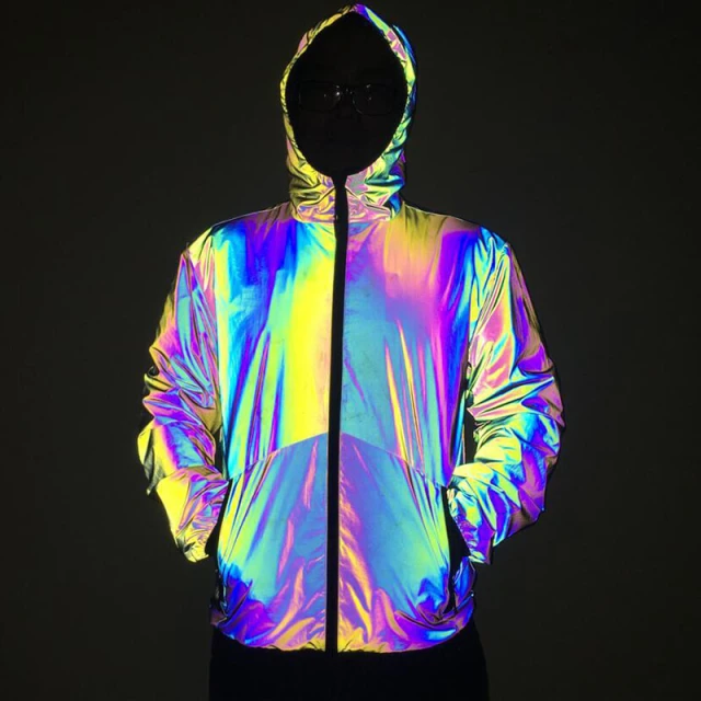 OOVOV Rainbow Color Men Reflective Light Jackets Autumn Colourful Hooded Coat Windbreaker Pockets Zip Hip Hop Rock Outwear