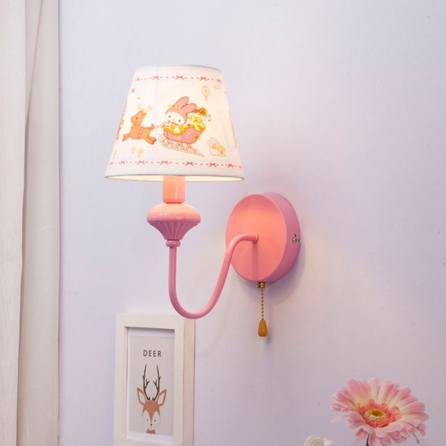 Pink Wall Light Cartoon Wall Sconces with Fabric Lampshade and Rope Switch