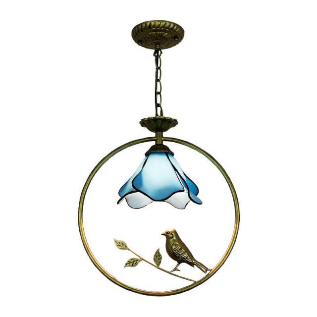 Tiffany Bird Circle Corridor Pendant Lamp Bar Counter Balcony Getal Glass Shade Hanging Light Hallway Mediterranean Dining Room Drop Lights