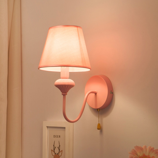 Pink Wall Light Cartoon Wall Sconces with Fabric Lampshade and Rope Switch