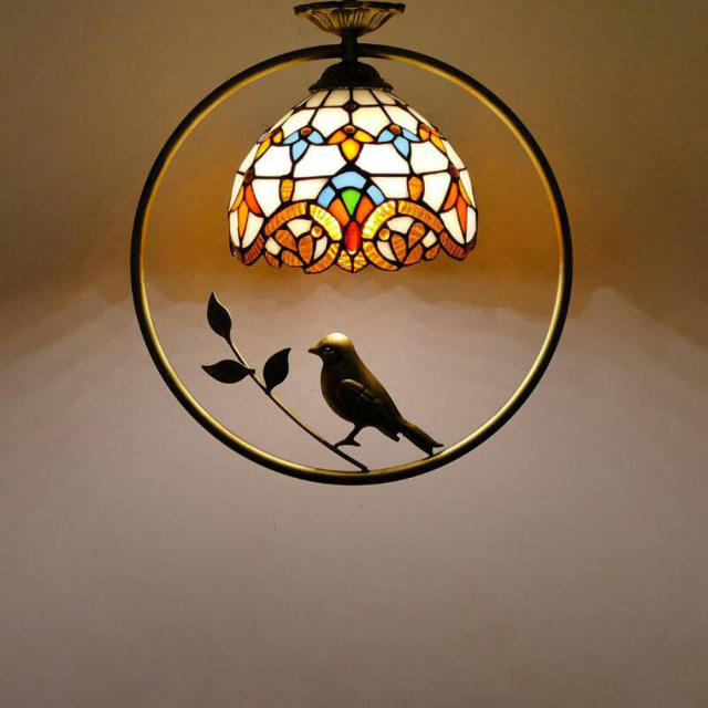 Tiffany Bird Circle Corridor Pendant Lamp Bar Counter Balcony Rockke Glass Shade Hanging Light Hallway Mediterranean Dining Room Drop Lights