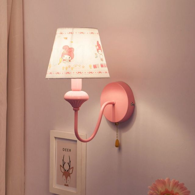 Pink Wall Light Cartoon Wall Sconces with Fabric Lampshade and Rope Switch