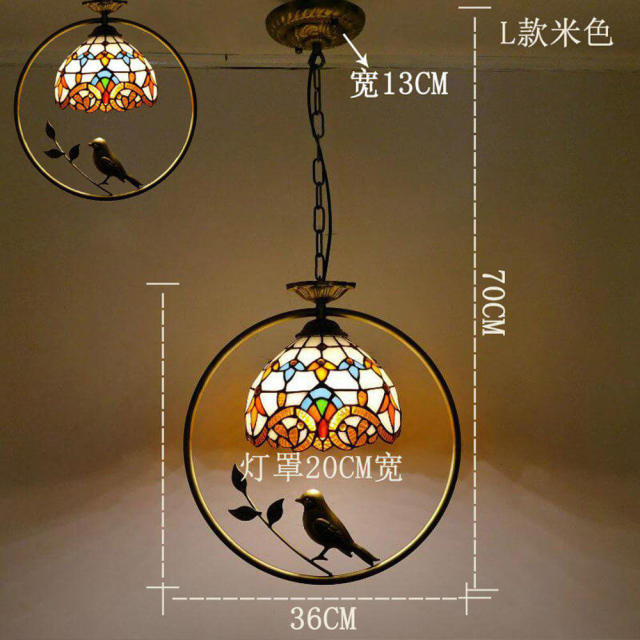 Tiffany Bird Circle Corridor Pendant Lamp Bar Counter Balcony Rockke Glass Shade Hanging Light Hallway Mediterranean Dining Room Drop Lights