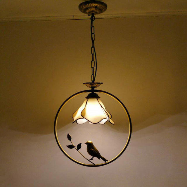 Tiffany Bird Circle Corridor Pendant Lamp Bar Counter Balcony Getal Glass Shade Hanging Light Hallway Mediterranean Dining Room Drop Lights