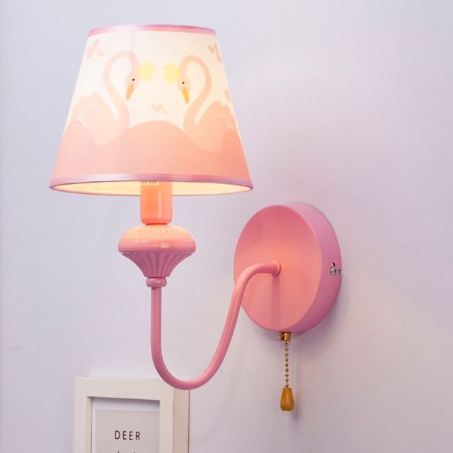 Pink Wall Light Cartoon Wall Sconces with Fabric Lampshade and Rope Switch