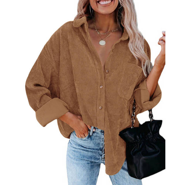 OOVOV Corduroy Shirts Women Tops Solid Blouses Female Long Sleeve Spring Autumn Ladies Shirts Loose Boyfriend Style Vintage Blouse