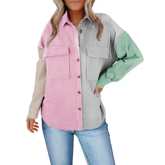 OOVOV Womens Fall Shacket Jacket Corduroy Long Sleeve Button Down Shirt Collared Tops