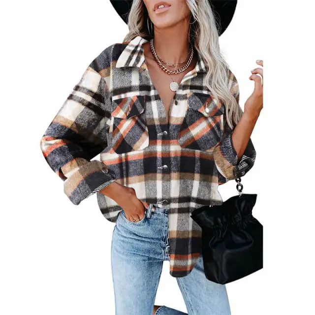 OOVOV Fashion Wool Blend Flannel Plaid Shirt For Women Long Sleeve Button Down Checked Coats