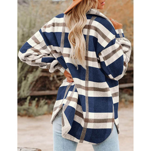 OOVOV Long Sleeve Loose Plaid Shirt Tweed Coat Female Cashmere Coat Fall Clothes For Women Winter Coats