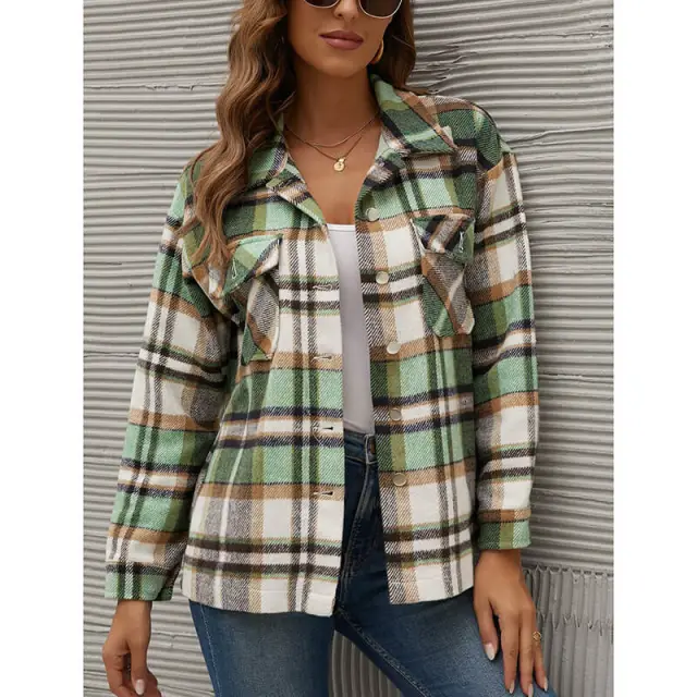 OOVOV Fashion Wool Blend Flannel Plaid Shirt For Women Long Sleeve Button Down Checked Coats