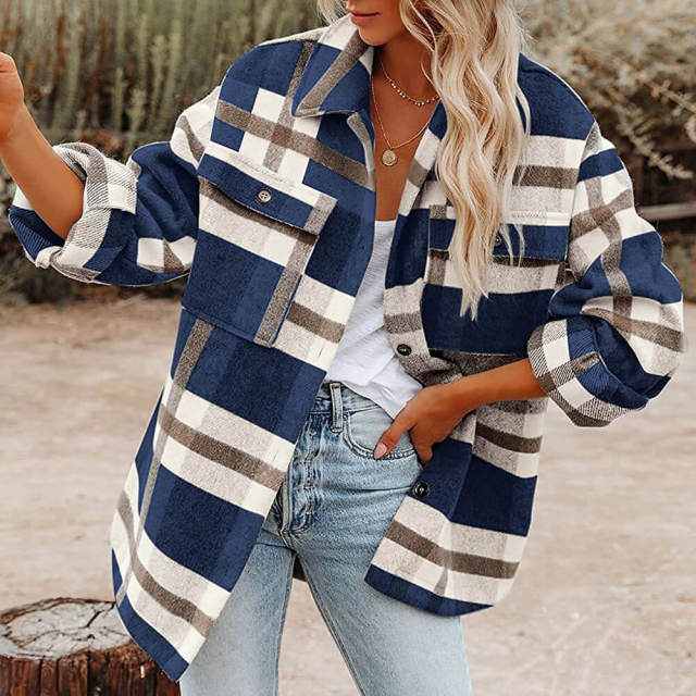 OOVOV Long Sleeve Loose Plaid Shirt Tweed Coat Female Cashmere Coat Fall Clothes For Women Winter Coats