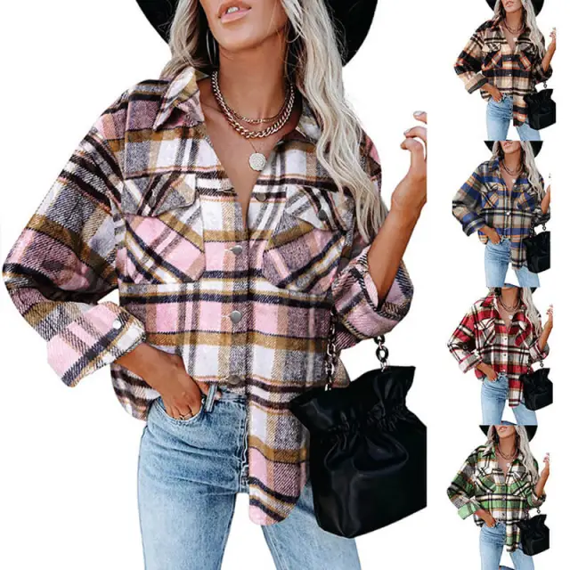 OOVOV Fashion Wool Blend Flannel Plaid Shirt For Women Long Sleeve Button Down Checked Coats