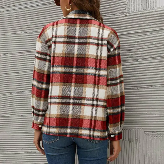 OOVOV Fashion Wool Blend Flannel Plaid Shirt For Women Long Sleeve Button Down Checked Coats